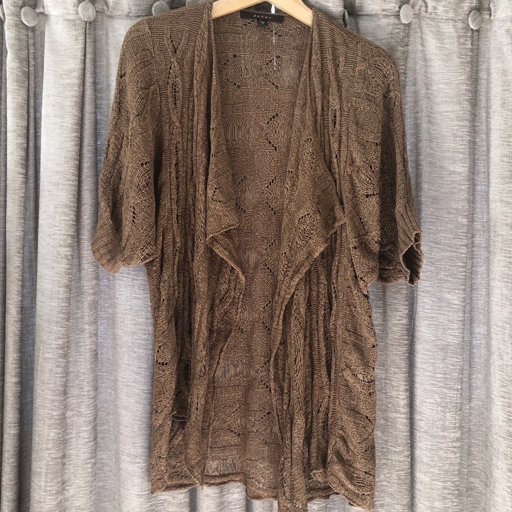 Fever Crochet Open Front Brown Cardigan